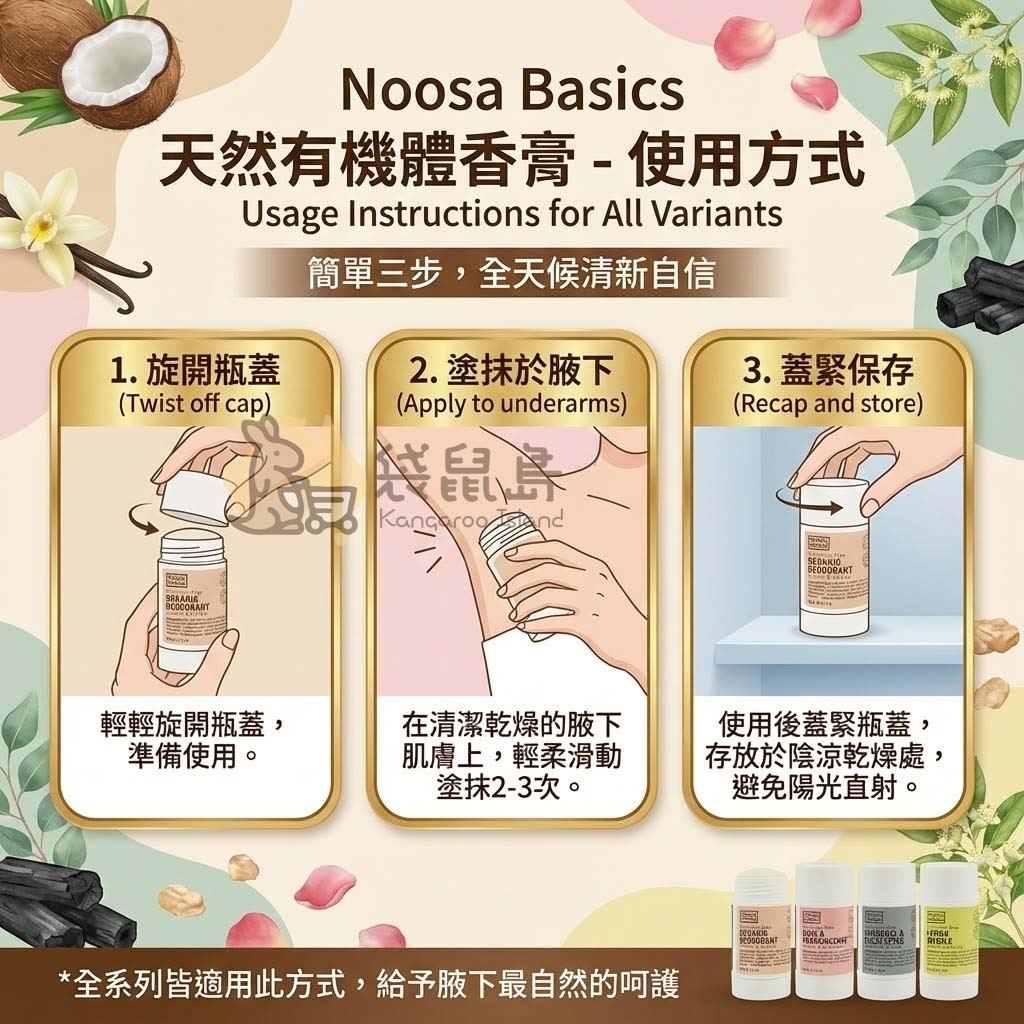 Noosa Basics 天然有機體香膏使用教學圖解：1.旋開瓶蓋 2.輕柔塗抹於清潔乾燥的腋下 3.使用後蓋緊保存。簡單三步驟保持全天候清新。