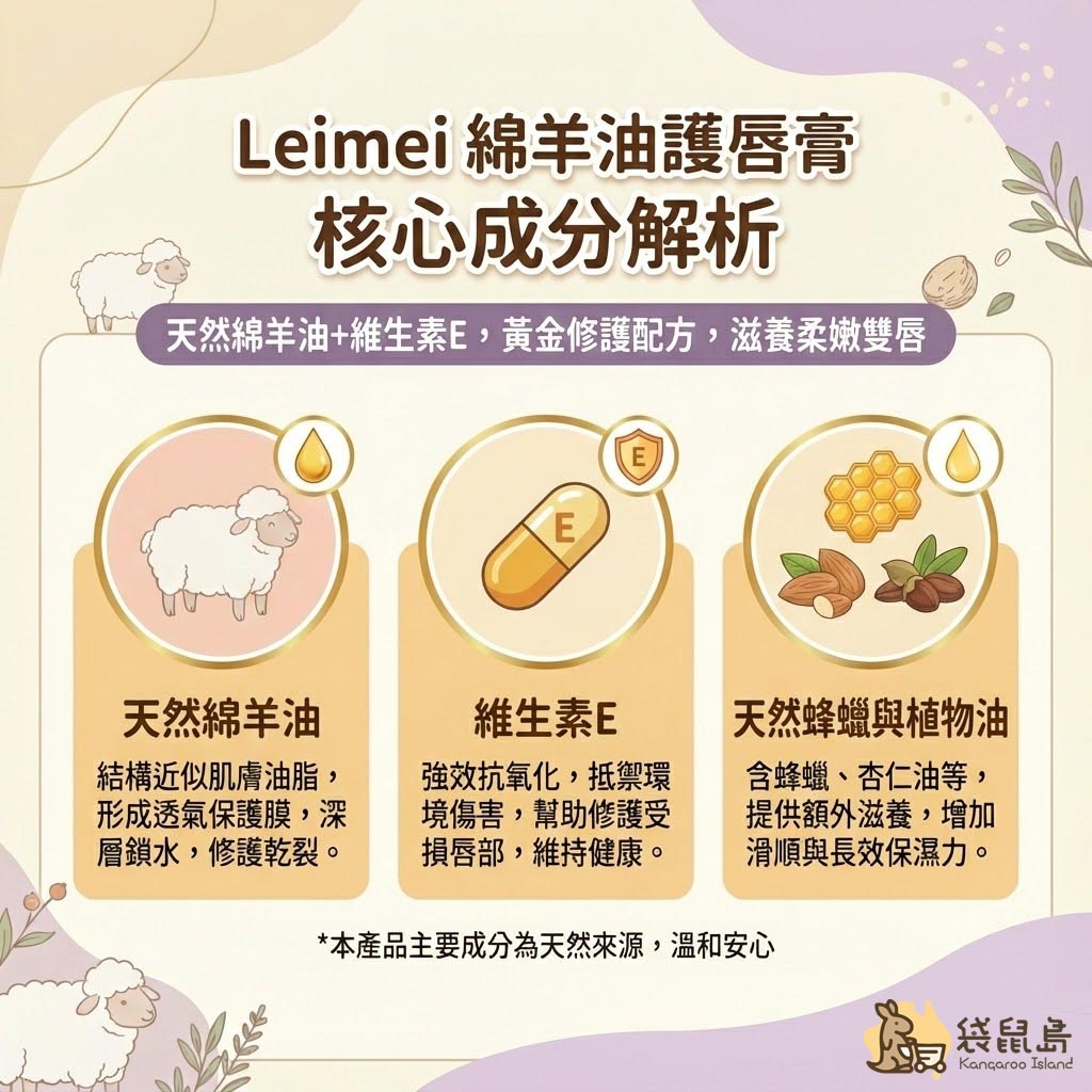 澳洲天然綿羊油特色：結構與人體油脂相似，親膚性佳，能形成透氣保護膜，深層滋潤乾燥雙唇。