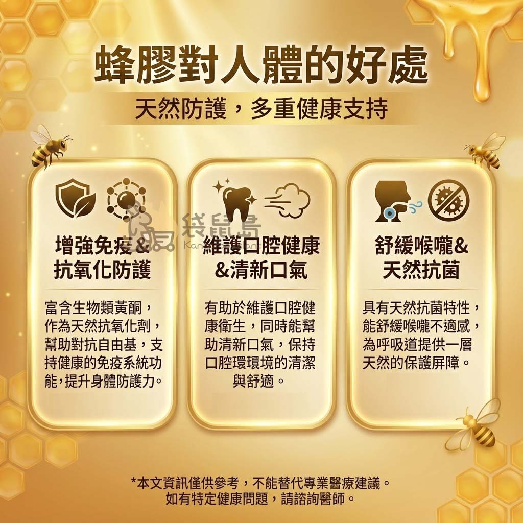 澳洲蜂膠功效介紹圖：富含生物類黃酮增強免疫力與抗氧化防護、維護口腔健康清新口氣、舒緩喉嚨不適及天然抗菌特性。