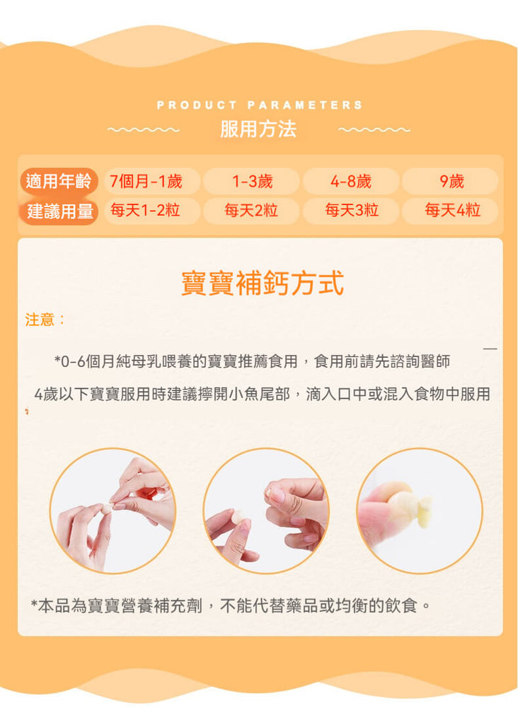 Bio Island 嬰幼兒乳鈣－依年齡建議補鈣劑量與食用方式圖示