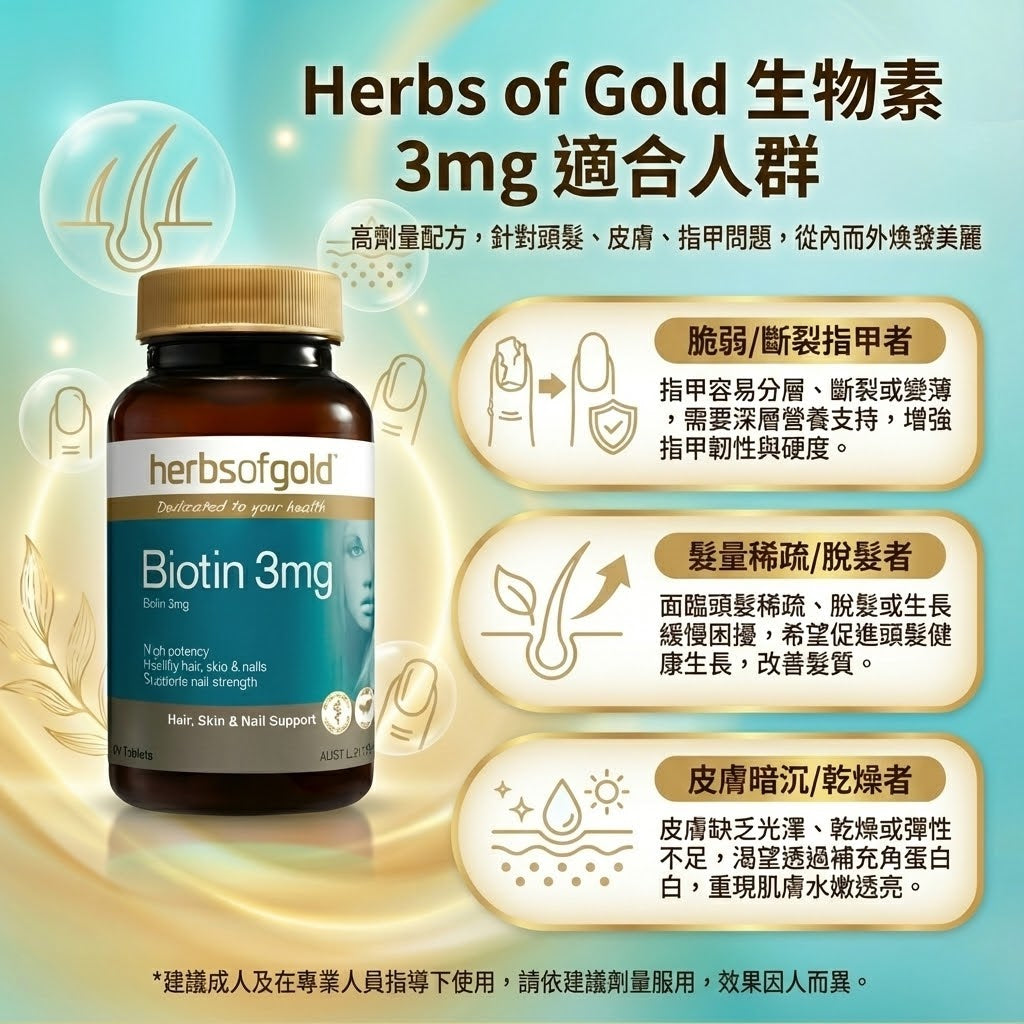 生物素適用人群 髮量稀疏 脫髮困擾 指甲脆弱分層 皮膚乾燥暗沉