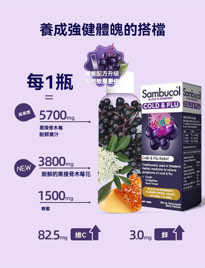 每瓶含5700mg黑接骨木果汁、3800mg接骨木花與1500mg蜂蜜