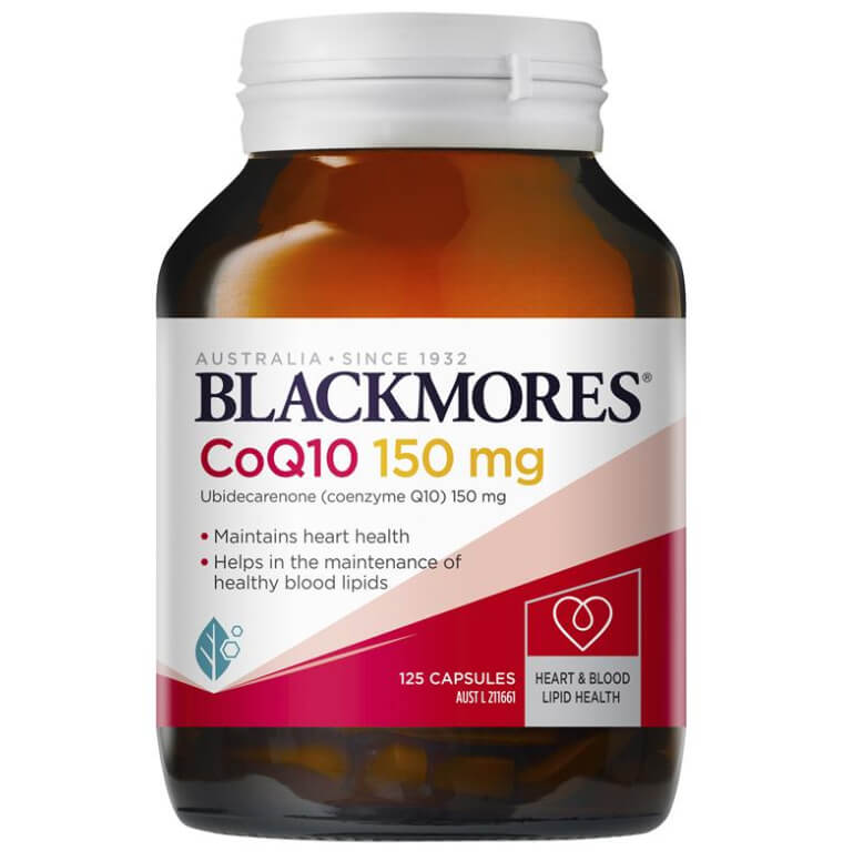 Blackmores輔酶Q10 150mg澳洲原裝瓶身正面圖，125粒裝心臟保健營養補充品