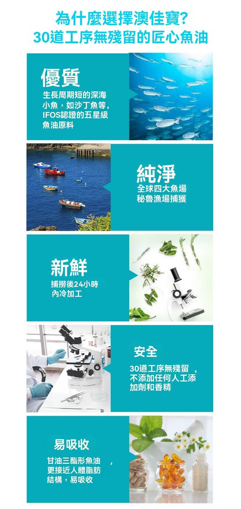 澳洲 Blackmores 魚油品質優勢：IFOS 五星級深海小魚原料、30 道工序無殘留、新鮮捕撈加工。