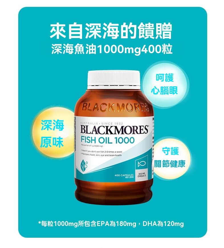 Blackmores 深海原味魚油 400 粒，呵護心腦眼，守護關節健康，每粒含 EPA 180mg, DHA 120mg。