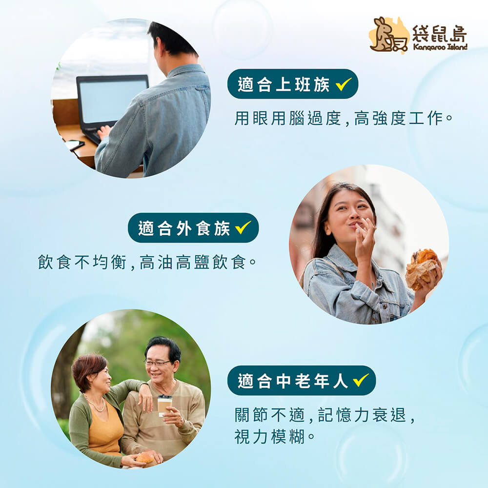 Blackmores 三倍魚油適用族群：用腦過度上班族、飲食不均衡外食族、關節不適中老年人。