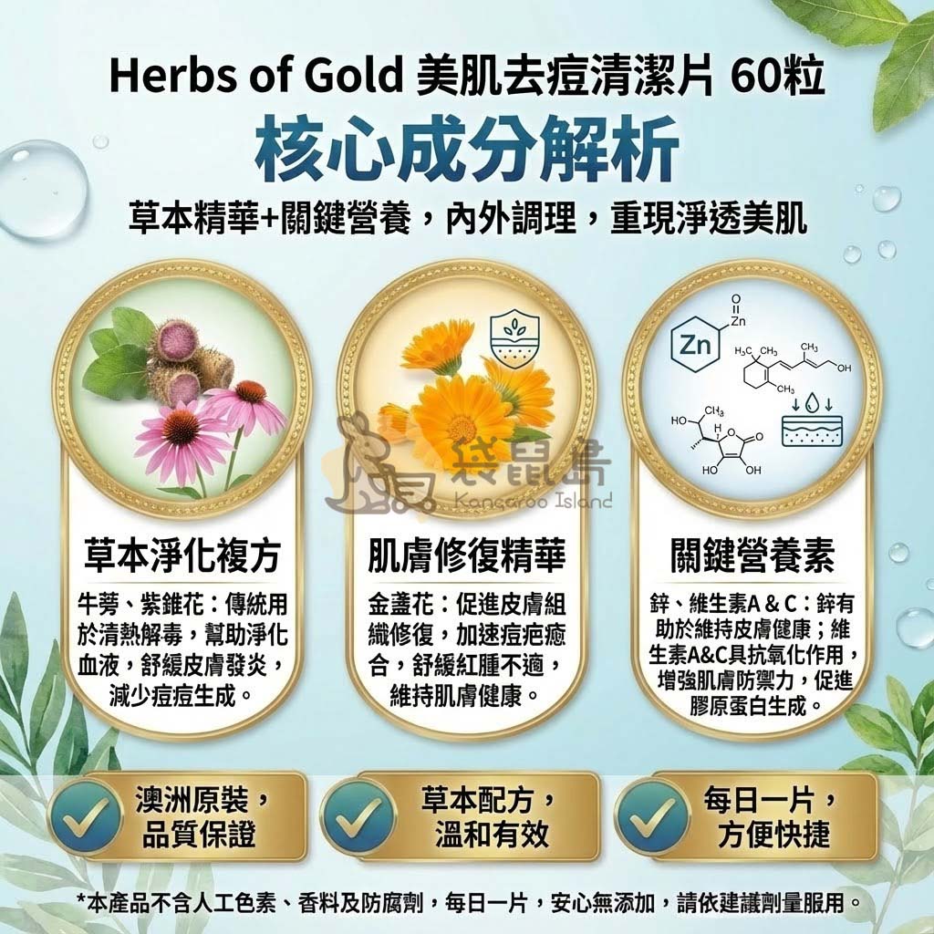 去痘片成分解析 牛蒡紫錐花排毒 金盞花修復 鋅維生素AC