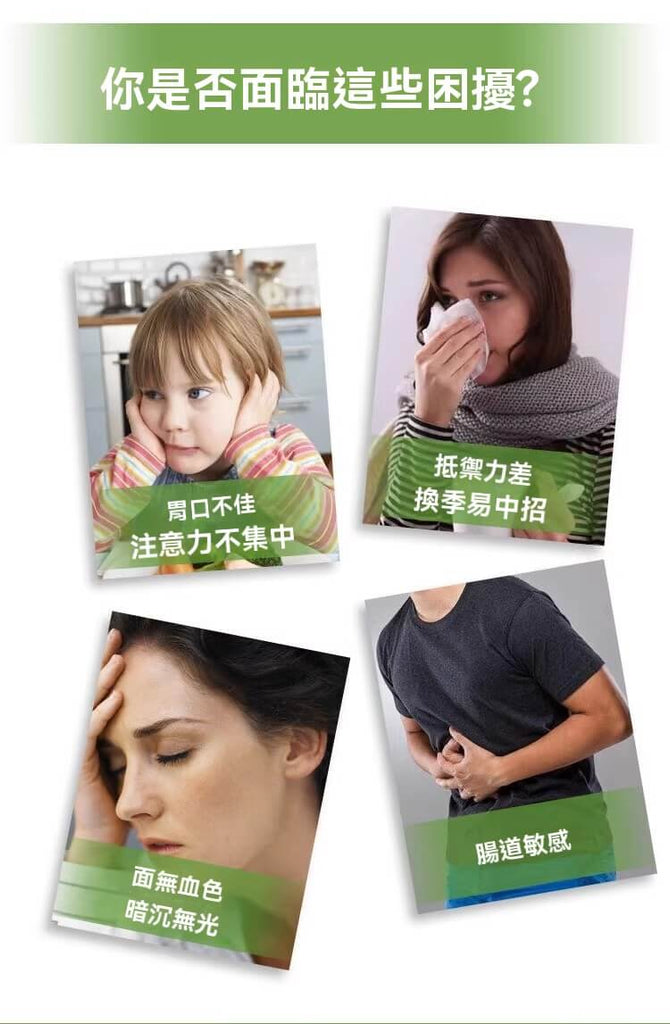 四種常見健康困擾示意圖，包括胃口差、抵抗力低、氣色差與腸道敏感