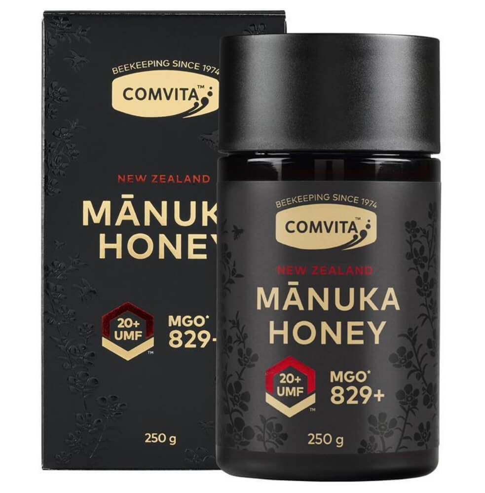 Comvita 麥盧卡蜂蜜 UMF20+ 250g 黑色瓶裝與外盒產品圖