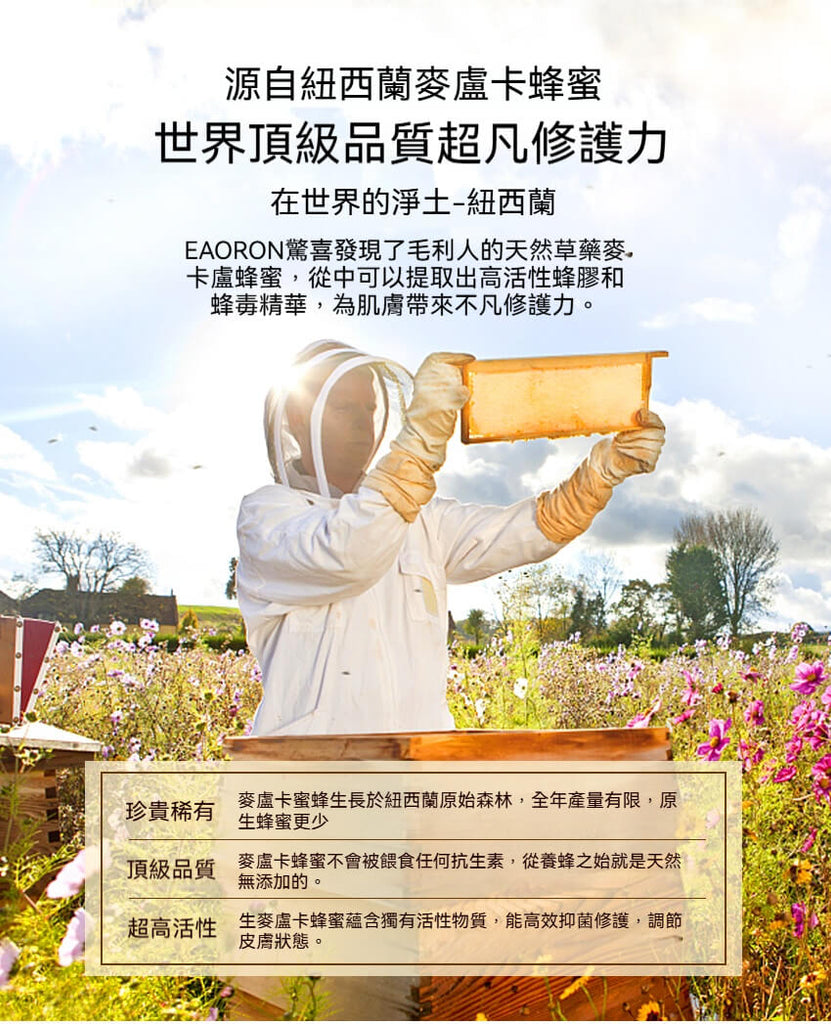 來自紐西蘭麥盧卡蜂蜜的頂級修護力，EAORON蜂膠面膜嚴選天然來源