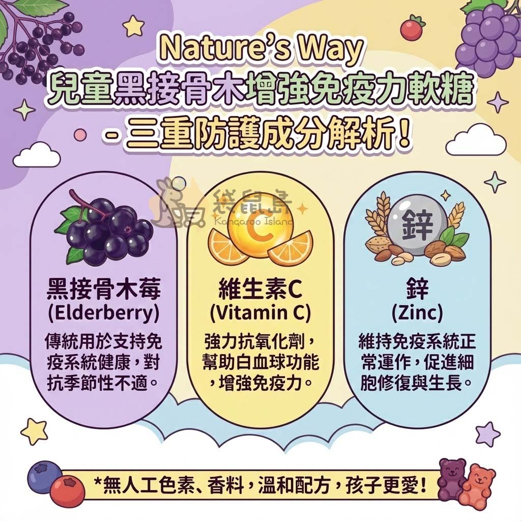 兒童免疫力軟糖三重防護成分：黑接骨木莓對抗季節不適、維生素C增強免疫力、鋅促進細胞修復。