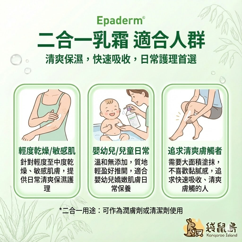 Epaderm 乳霜適用人群：舒緩輕度乾燥敏感肌、嬰幼兒日常保濕、追求清爽膚觸者