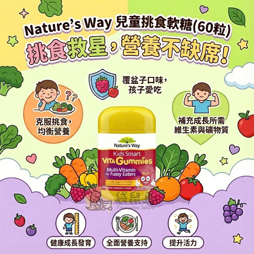 挑食軟糖特色：克服挑食均衡營養、補充成長所需維生素與礦物質、覆盆子口味孩子愛吃。