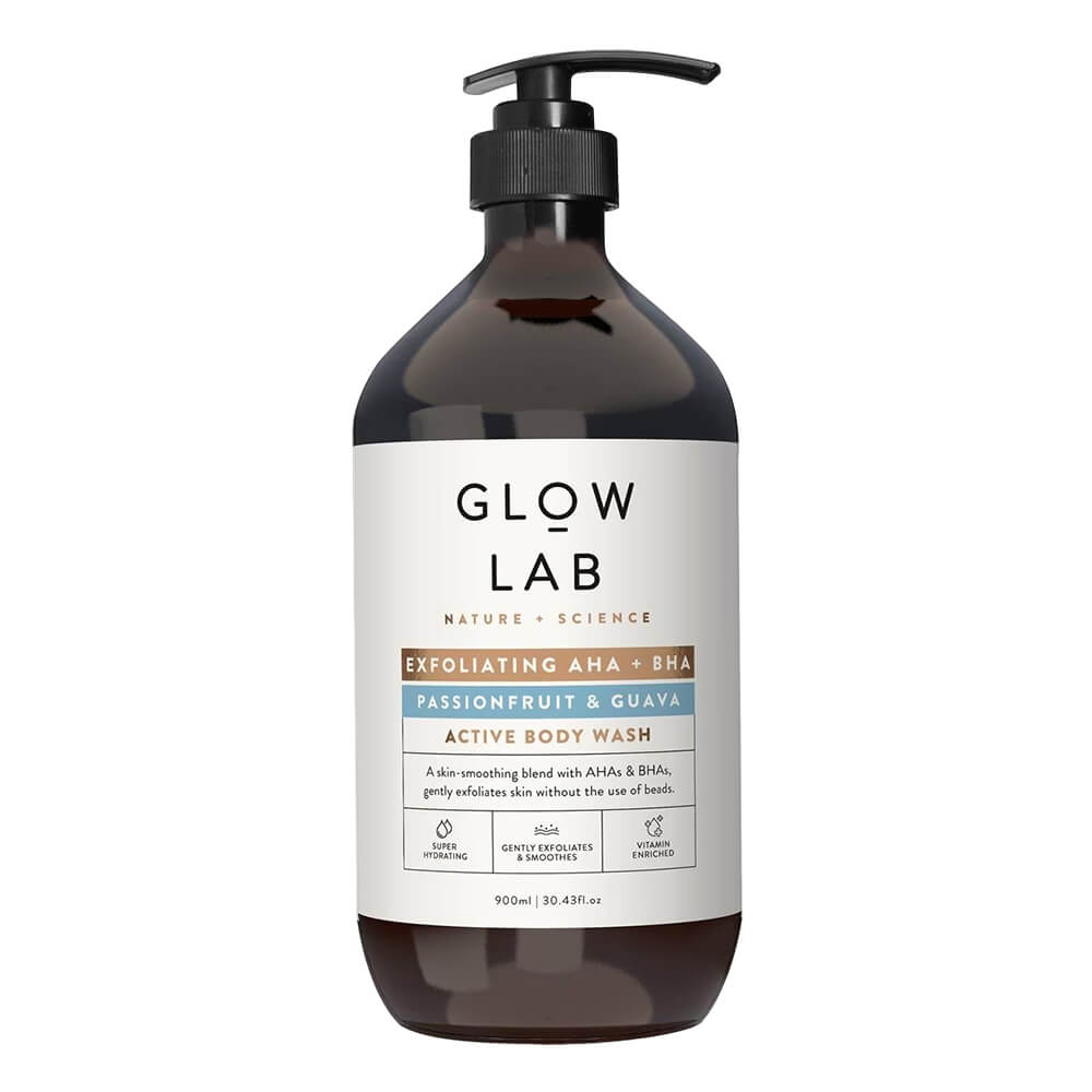 Glow Lab果酸角質調理沐浴乳900ml產品正面照，無顆粒溫和去角質配方適合敏感肌使用
