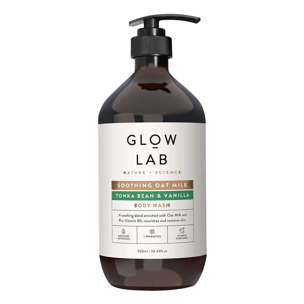 Glow Lab零陵香豆香草沐浴露900ml產品正面照，甜潤香氣與植物性溫和潔淨配方