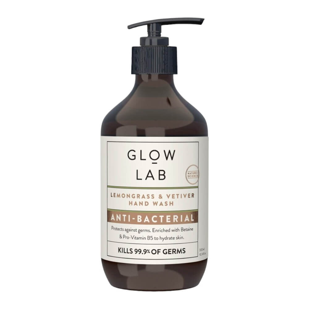 Glow Lab檸檬草岩蘭草抗菌洗手乳300ml產品正面照，天然植物香氛抗菌潔手首選