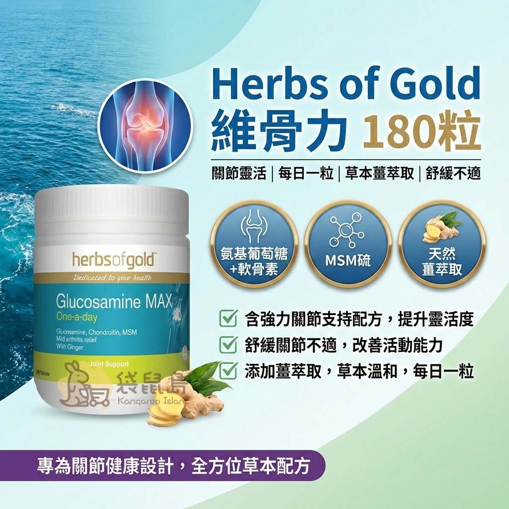 Herbs of Gold 維骨力功效 每日一粒 葡萄糖胺+軟骨素+MSM+薑萃取 舒緩不適