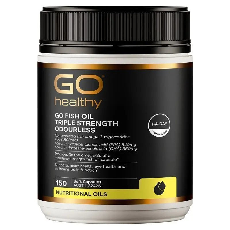 GO Healthy 三倍濃縮魚油正面瓶身｜150 粒無腥味魚油膠囊