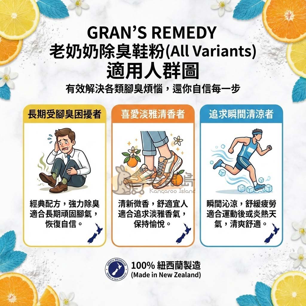Gran's Remedy 老奶奶除臭鞋粉適用人群：嚴重腳臭、喜愛清香與運動腳汗族群皆適用