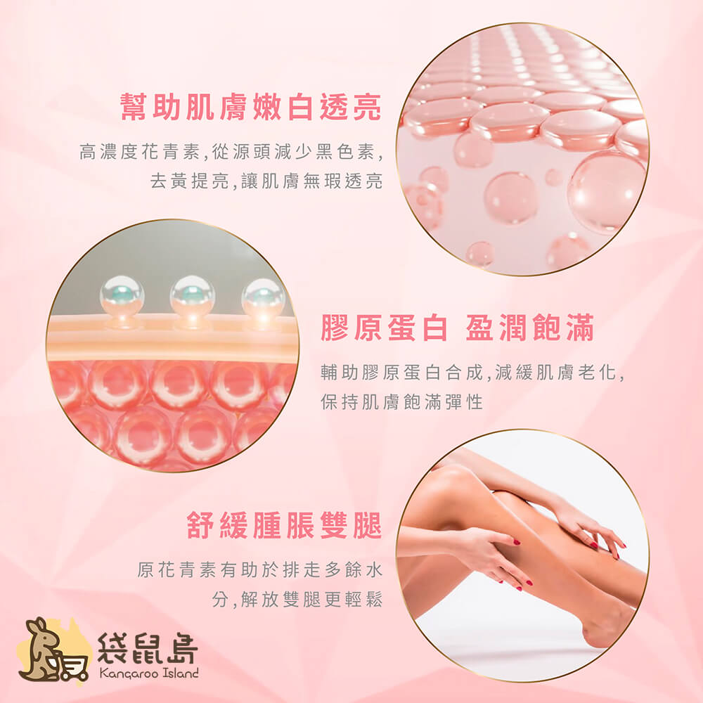 葡萄籽促進膠原蛋白生成、亮白肌膚、減少水腫，維持彈性與美麗膚況