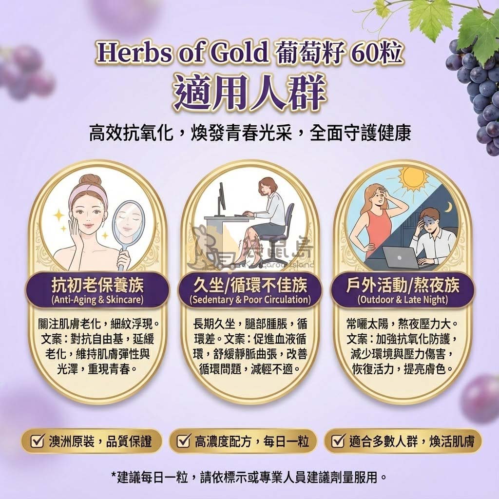 葡萄籽適用人群 久坐水腫 靜脈曲張 抗初老保養 戶外防曬修復