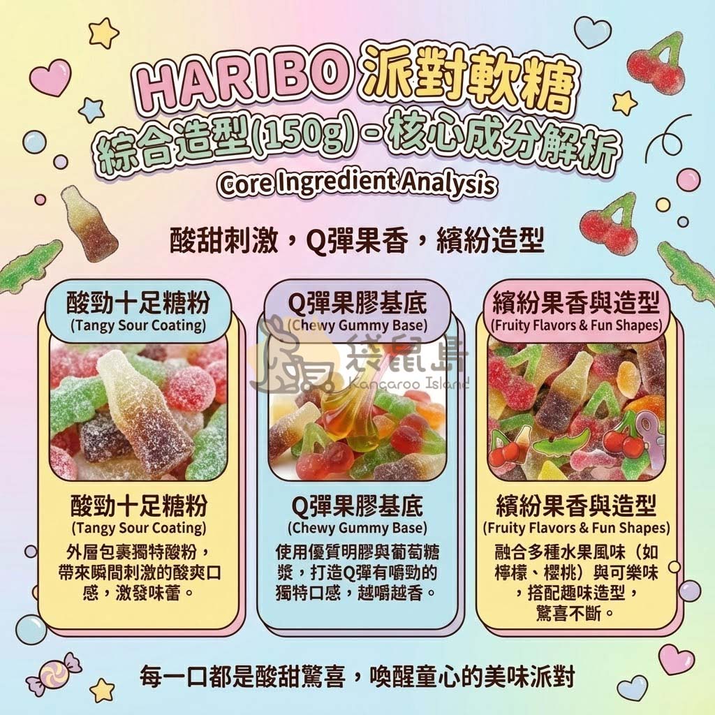 HARIBO 派對軟糖特色解析 - 獨特酸勁糖粉包裹Q彈果膠基底，繽紛果香造型且無添加人工色素。