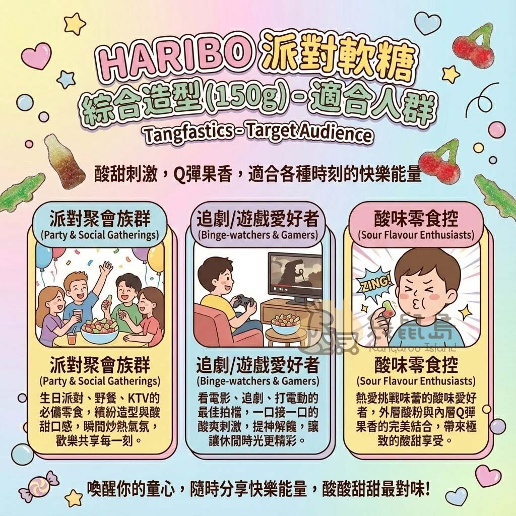 HARIBO Tangfastics 適用場合 - 適合派對聚會分享、追劇遊戲提神及熱愛挑戰味蕾的酸味零食控。