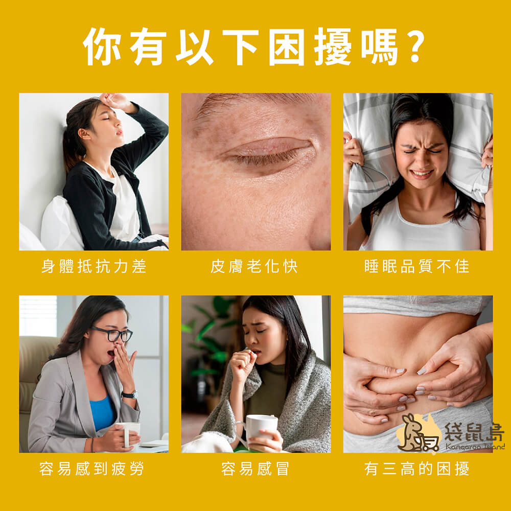 六種常見困擾症狀示意圖，包括抵抗力差、皮膚老化、睡眠不佳、疲勞、感冒與三高問題