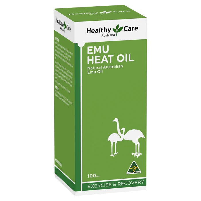 Healthy Care 鴯鶓熱感按摩油外盒包裝設計，澳洲品牌標章清晰可見