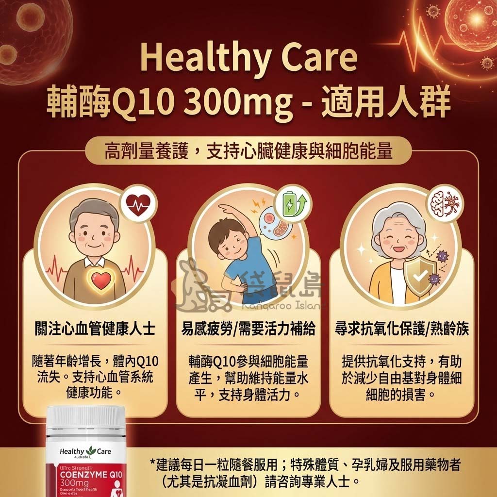Healthy Care Q10 適用族群：熟齡族心血管保養、易疲勞者與抗氧化需求。