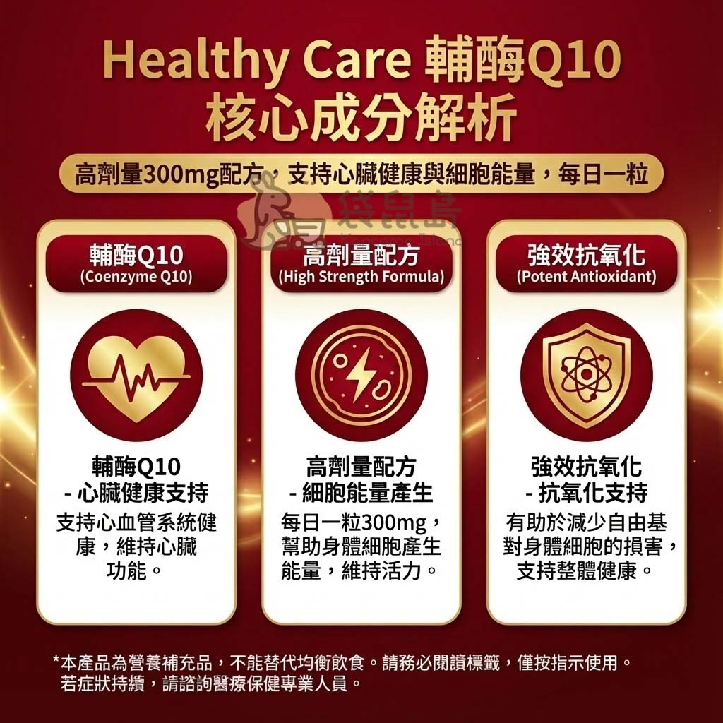 Healthy Care Q10 300mg 功效：支持心血管系統健康、細胞能量產生與抗氧化支持。