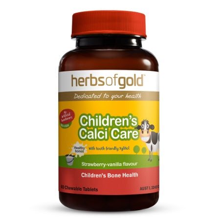 Herbs of Gold Children's Calci Care 兒童鈣咀嚼錠瓶身，澳洲製造。