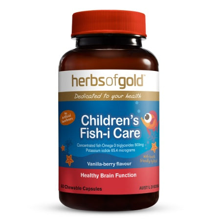 Herbs of Gold Children's Fish-i Care 60粒包裝正面圖，香草莓果口味兒童魚油 - 澳洲原裝正品