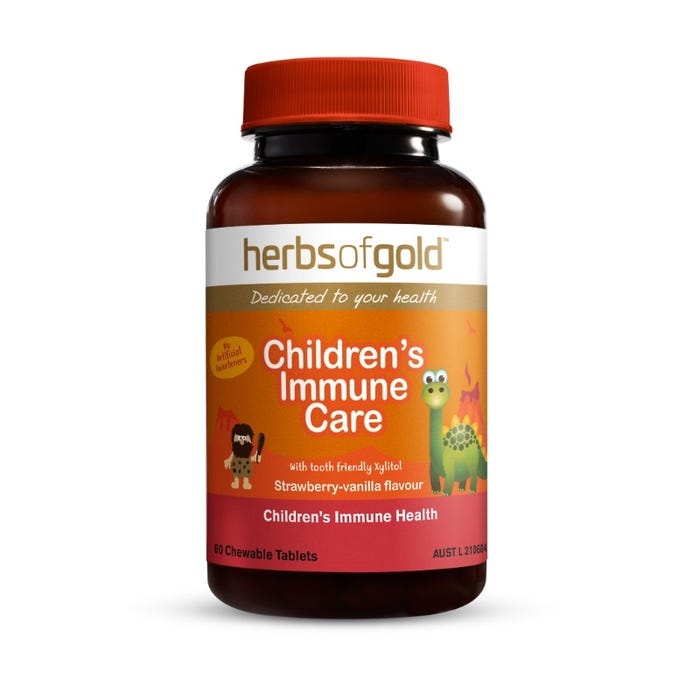 Herbs of Gold Children's Immune Care 兒童免疫力咀嚼錠瓶身包裝，澳洲製造。