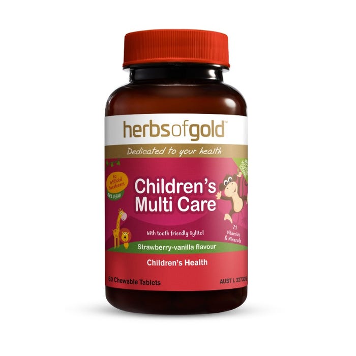 Herbs of Gold Children's Multi Care 兒童綜合維生素咀嚼錠瓶身包裝。