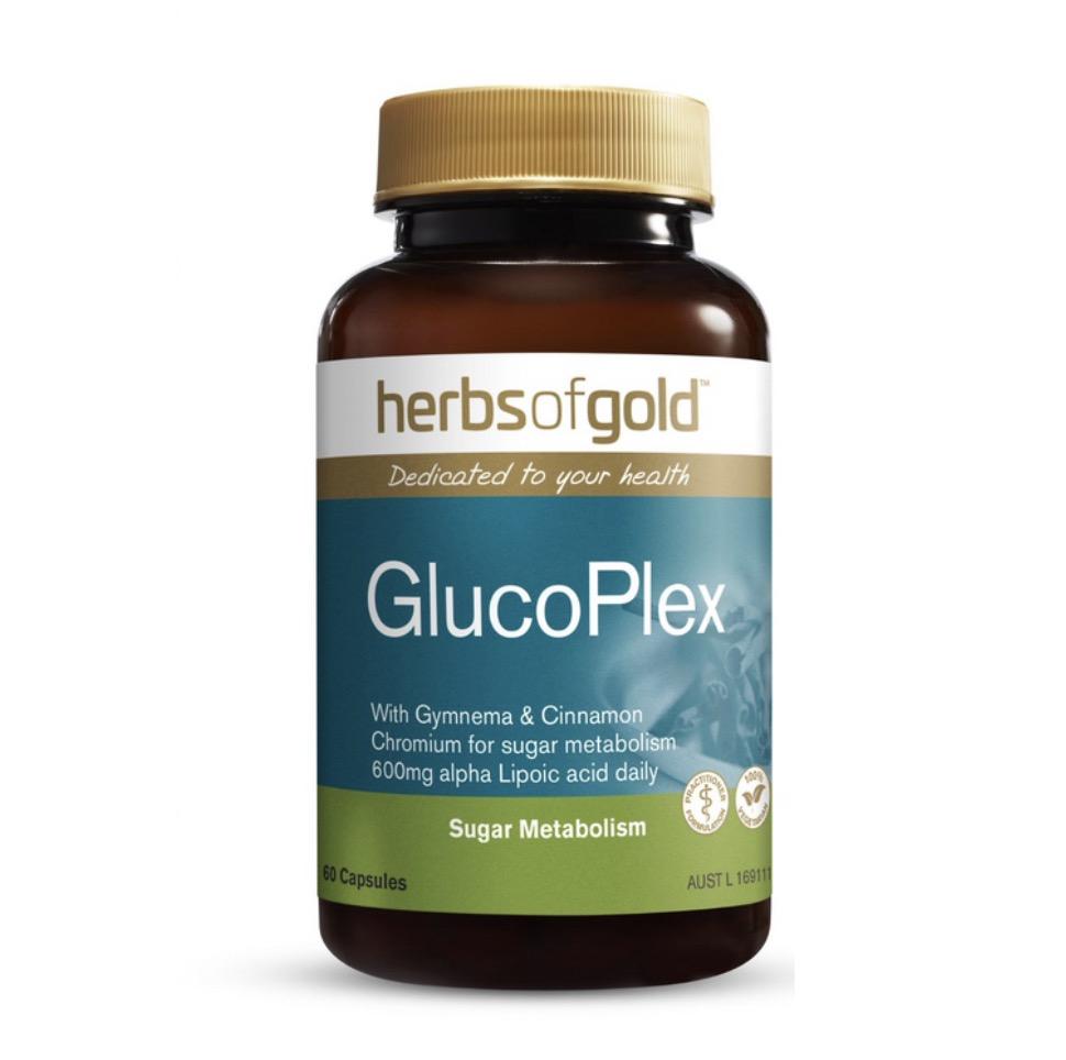 Herbs of Gold GlucoPlex 血糖平衡配方瓶身包裝，澳洲製造。