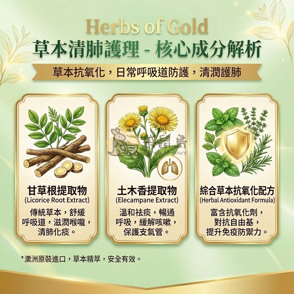 Herbs of Gold 清肺成分解析 甘草根提取物 土木香 綜合草本配方