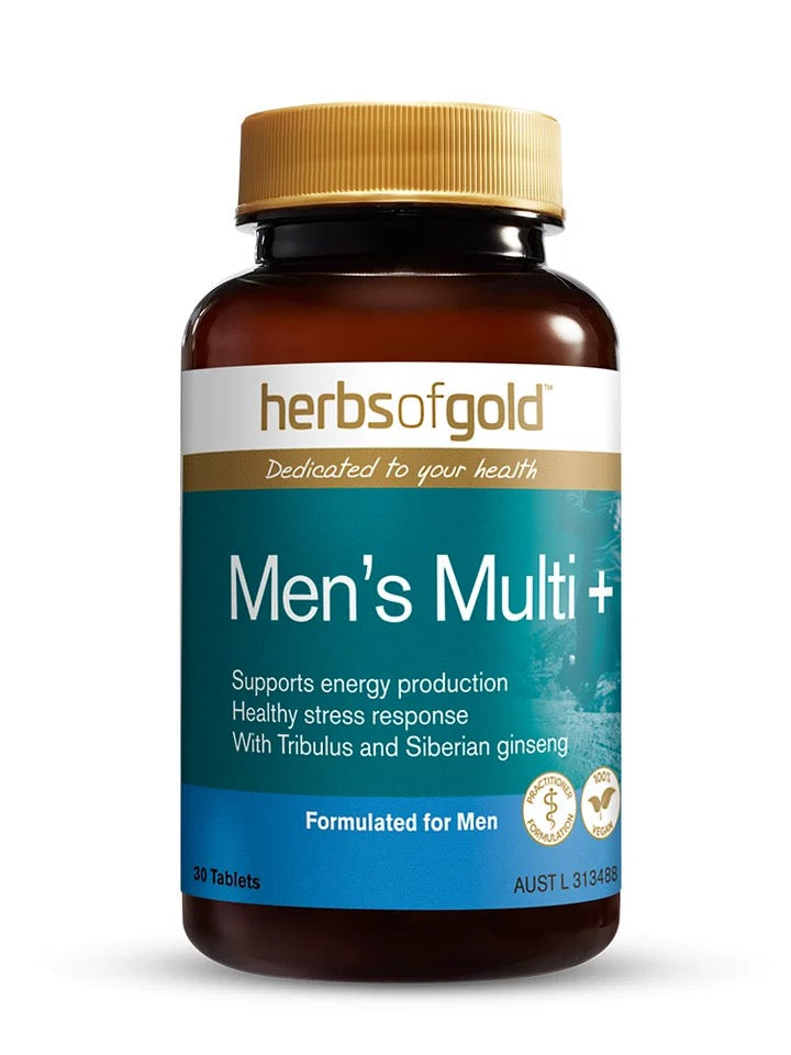 Herbs of Gold Men's Multi+ 男性綜合維他命瓶身包裝，澳洲製造。