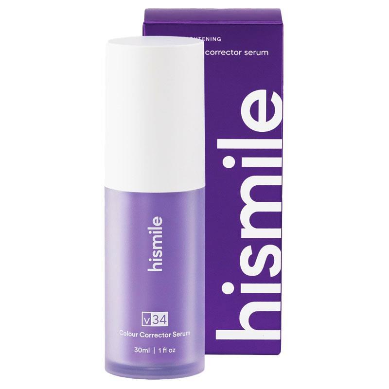 Hismile V34 紫色牙齒調色精華瓶身與包裝盒正面圖（30ml）