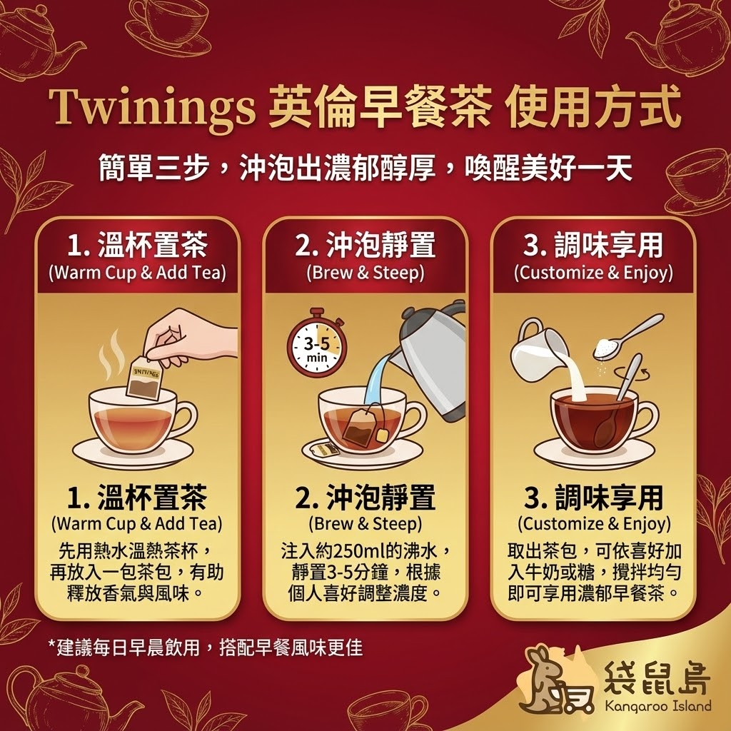 Twinings 英倫早餐茶沖泡方式 - 溫杯、沖泡時間與調味建議