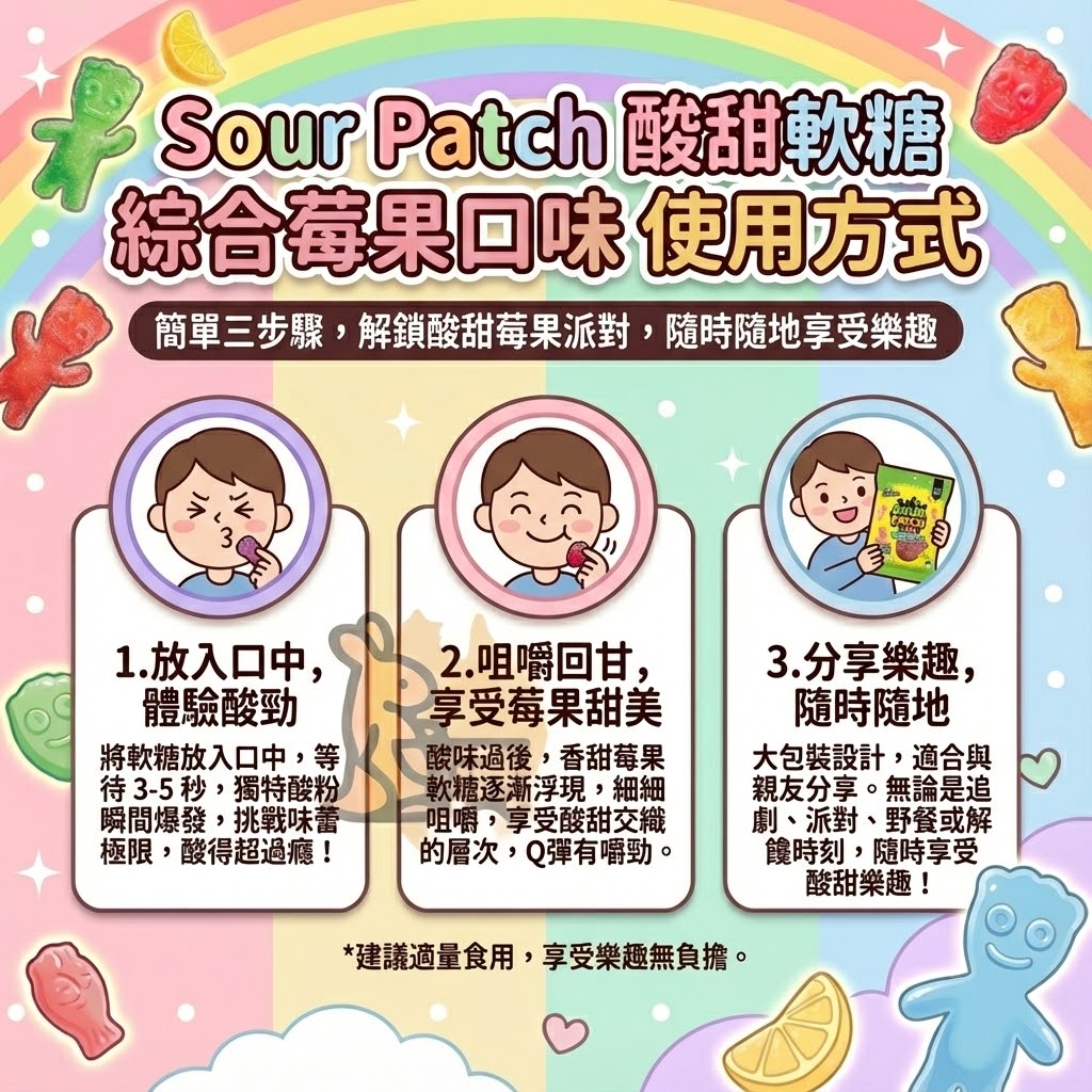 Sour Patch 莓果軟糖食用方式 - 放入眼中體驗酸勁、咀嚼回甘與分享樂趣