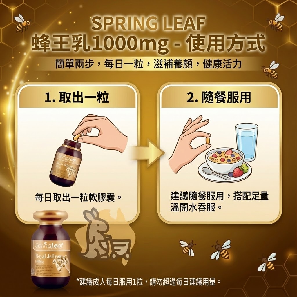 Spring Leaf 蜂王乳食用方式 - 每日一粒隨餐服用、溫開水吞服