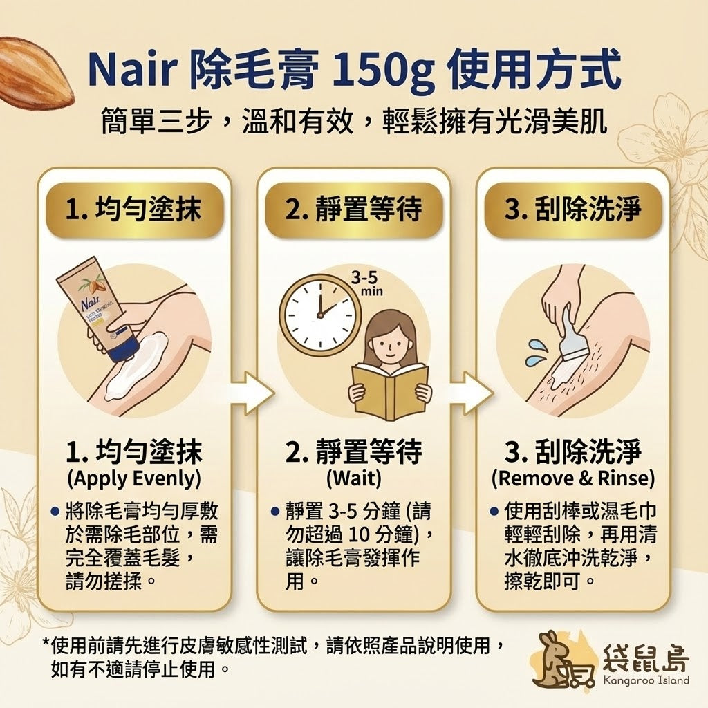 Nair 除毛膏使用教學 - 塗抹、靜置等待與刮除洗淨步驟