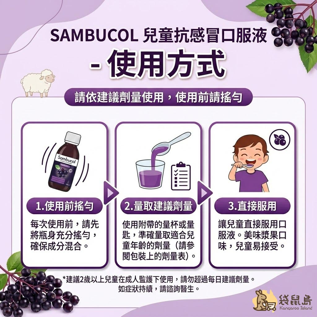 Sambucol 兒童抗感冒液使用方式 - 搖勻量取與直接服用說明