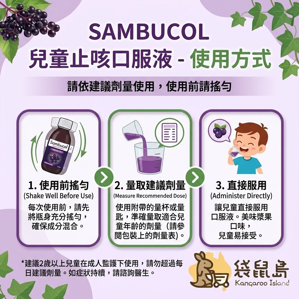 Sambucol 兒童止咳口服液使用方式 - 搖勻、量取劑量與服用說明