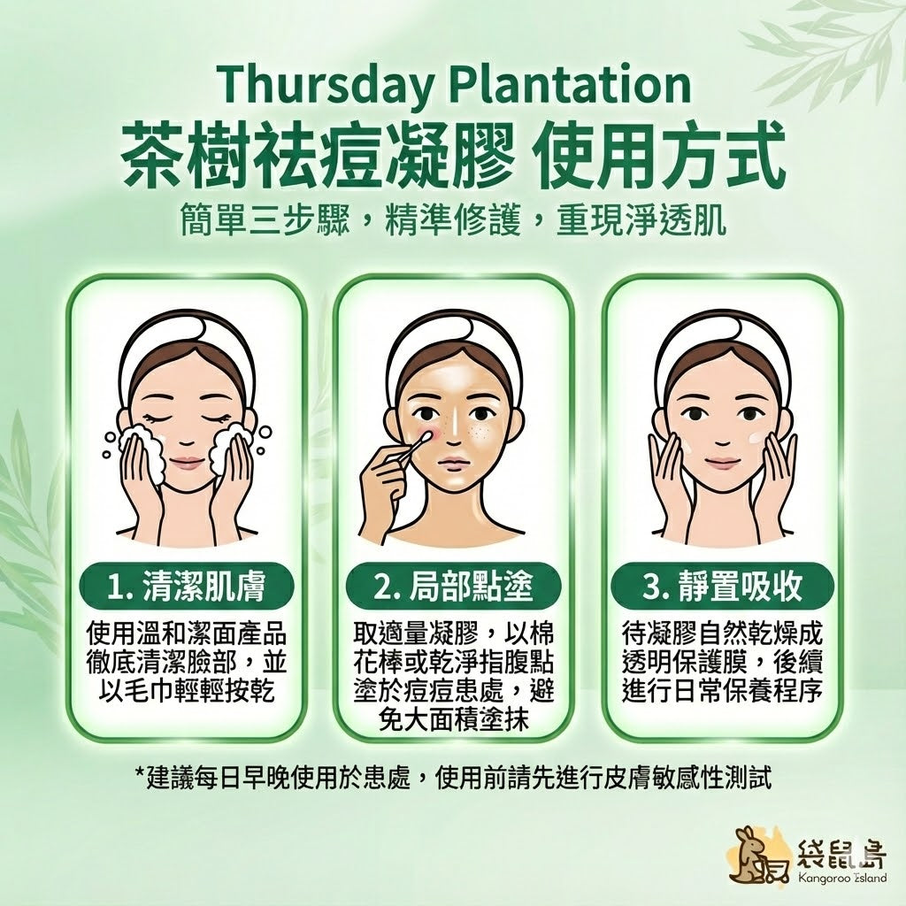 茶樹祛痘凝膠使用教學：清潔後以棉花棒局部點塗，形成透明保護膜