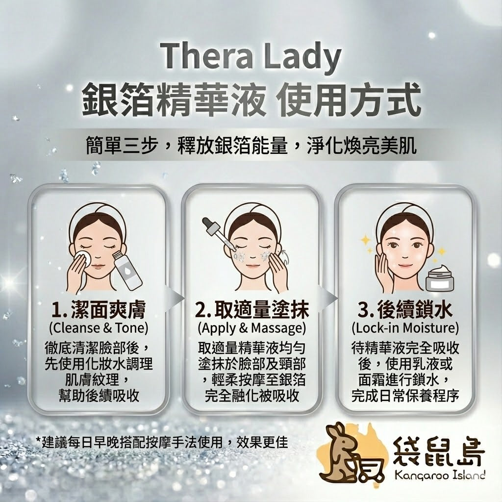 Thera Lady 銀箔精華使用教學：化妝水後使用，輕柔按摩至銀箔吸收，後續搭配乳液鎖水