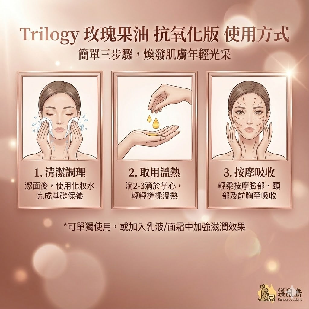 Trilogy 玫瑰果油抗氧化版使用教學：清潔後取2-3滴溫熱按摩，喚醒肌膚年輕光采