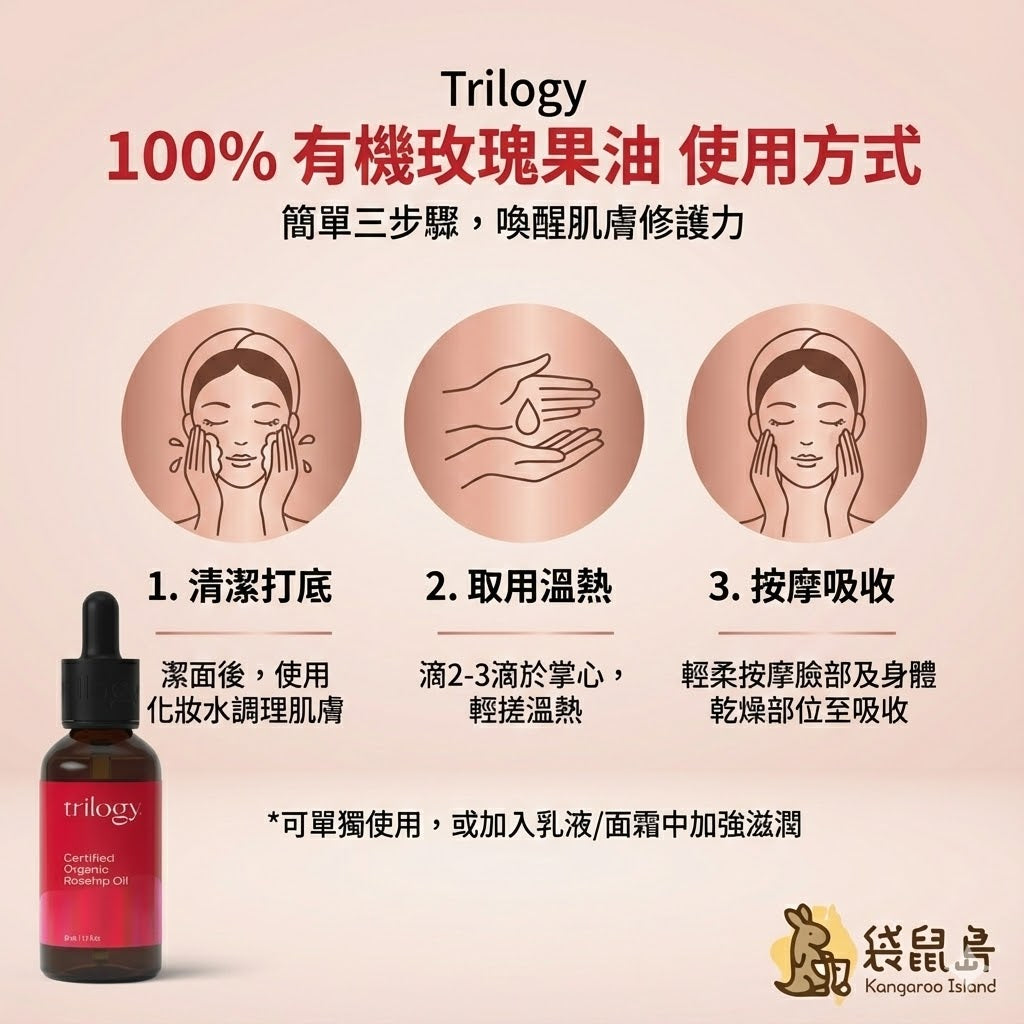 Trilogy 玫瑰果油使用教學：清潔後取2-3滴溫熱按摩，深層滋養喚醒修護力