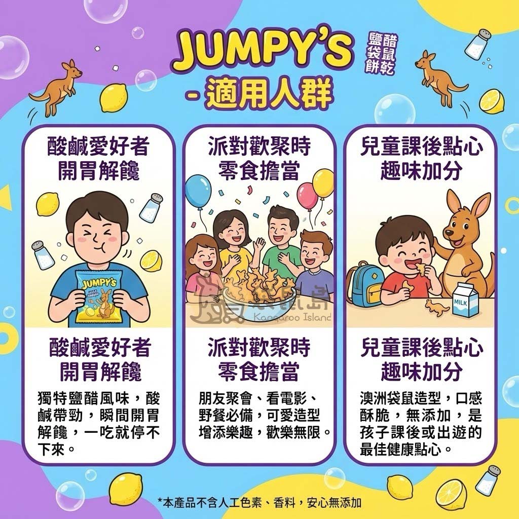 Jumpy's 鹽醋袋鼠餅乾適用推薦：酸鹹愛好者開胃零食、派對聚會、兒童課後點心